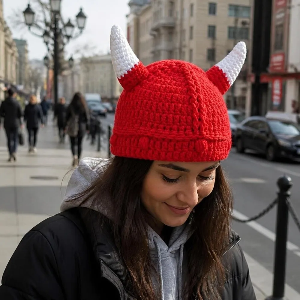 Creative Handmade Horn-shaped Hat Soft Cozy Knitted Wool Hat Breathable Crochet Winter Warm Cap Winter