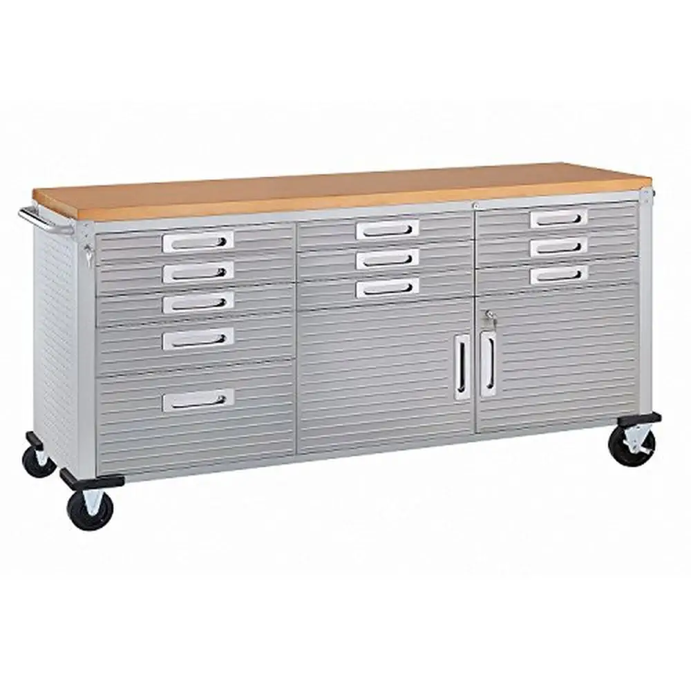 

UltraHD Heavy Duty Rolling Cabinet Workbench with Solid Wood Top Industrial Strength Storage Garage Workshop Organizer 77" x 20"