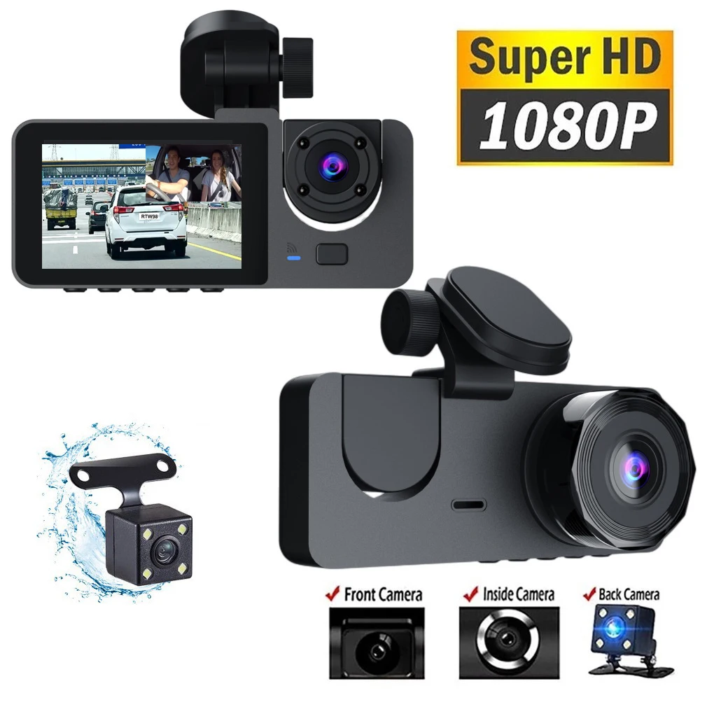 3 Camera Lens Car DVR 3 Channel Dash Cam HD Front and Inside Carbin Dash Camera Dual Lens Dashcam Video Recorder Black Box