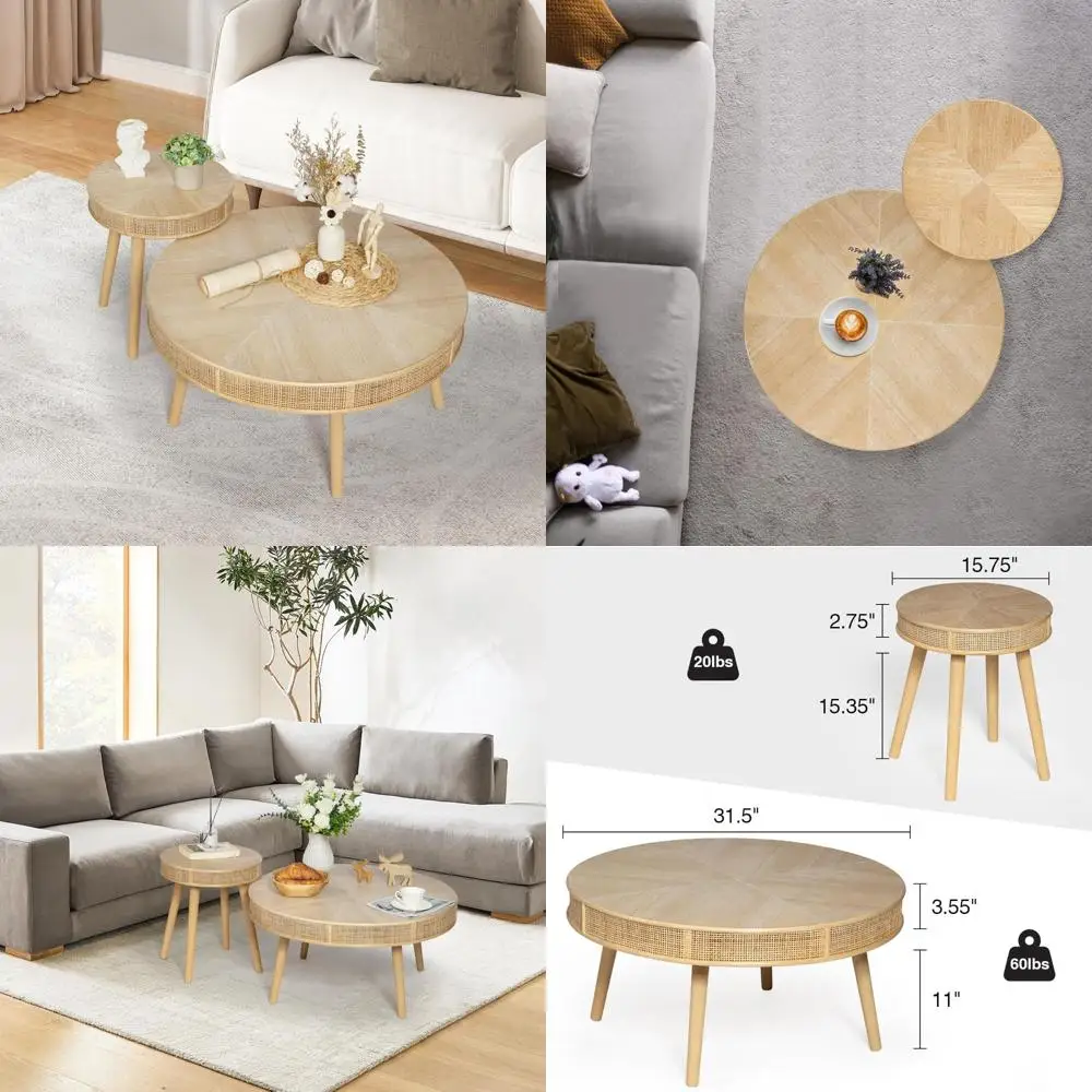 

Rustic Round Coffee Table Set with Nesting Tea Tables and Handcrafted Rattan for Living Room