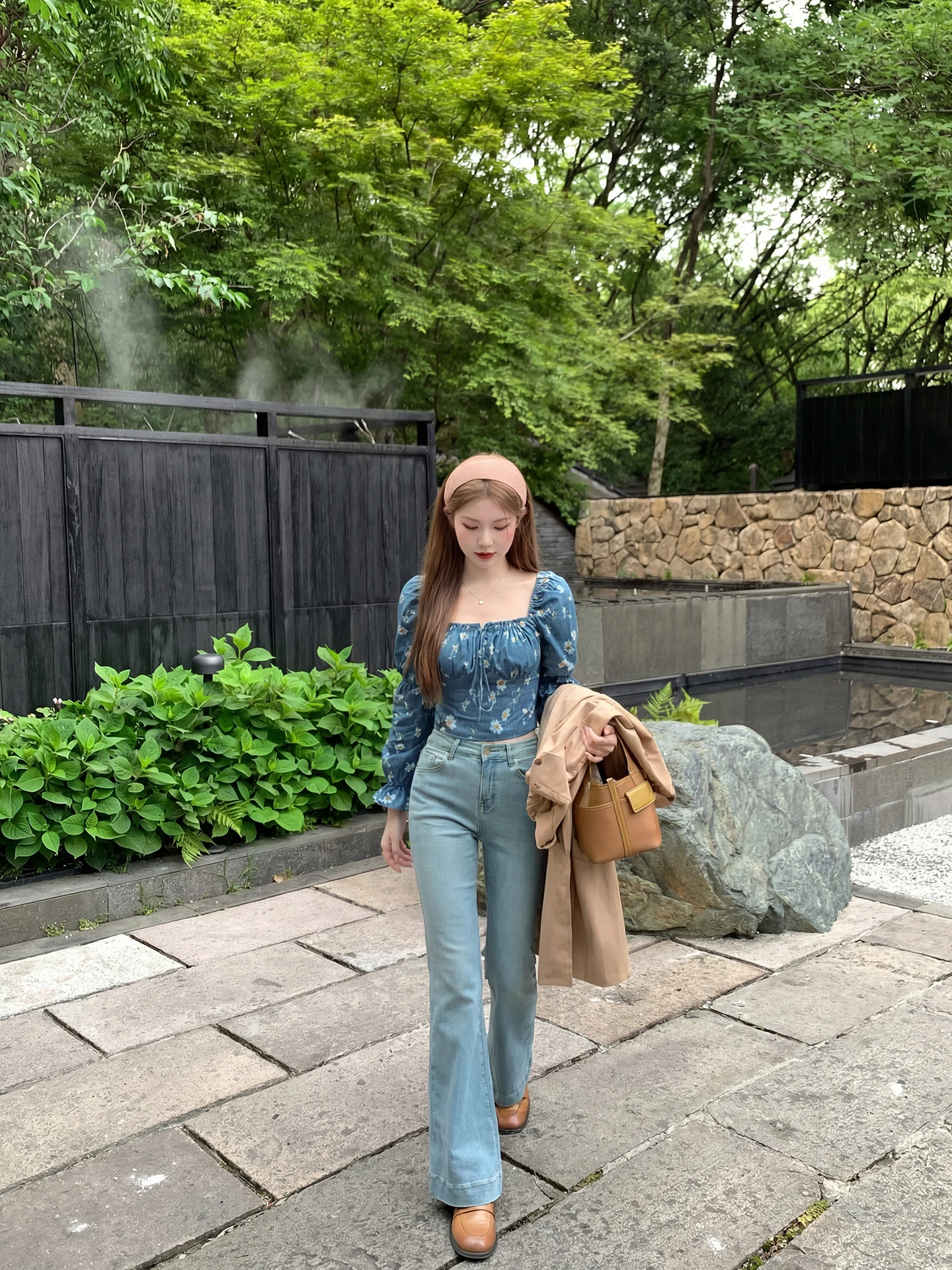 

een Guli Square Collar Long Sve Women's irt Spring Summer New Design Floral Print Gauze irt French Sle Waist Cinched