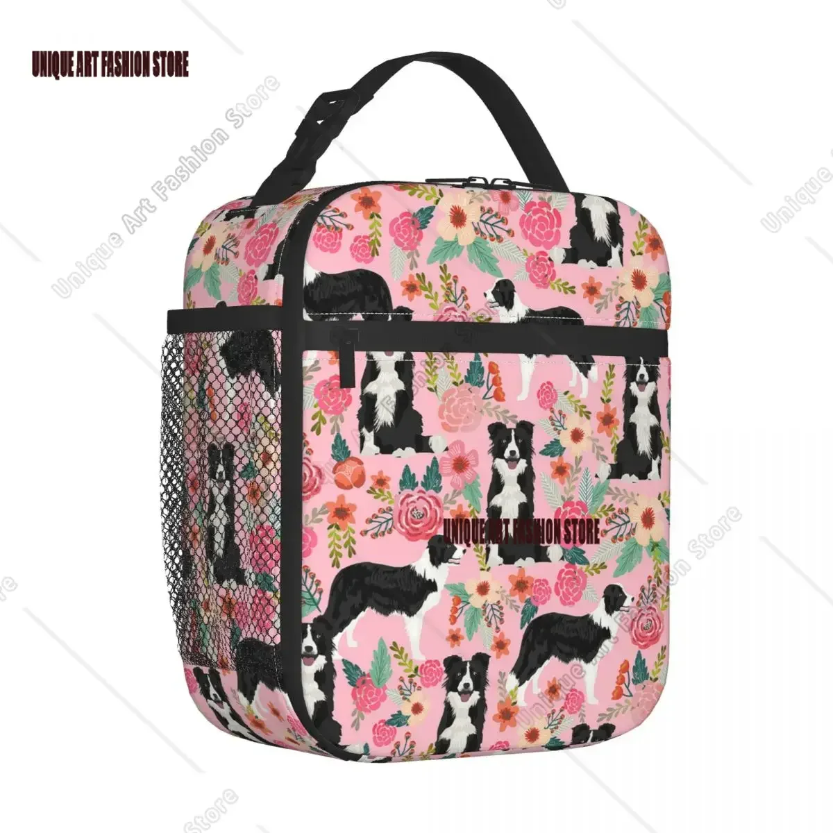 

Border Collie Pink Floral Dog Insulated Lunch Bag Animal Meal Container Cooler Bag Lunch Box Tote Office Outdoor Men Women