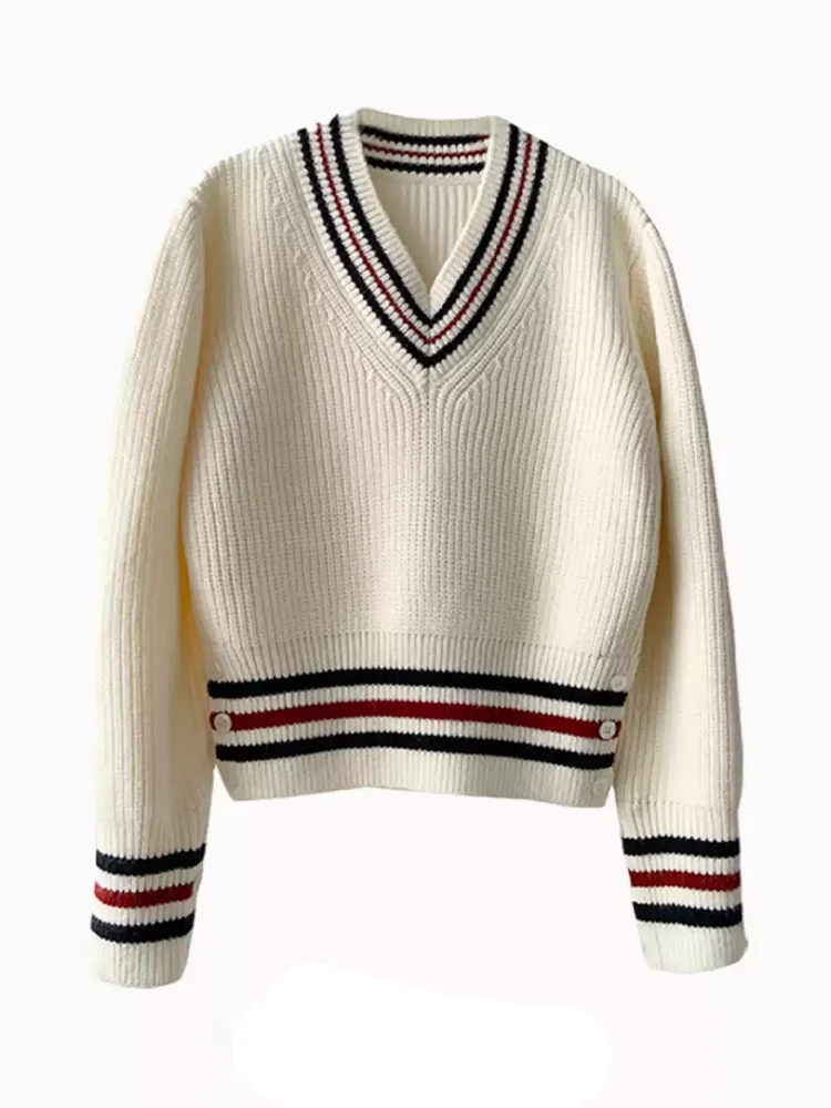 

Women's Beige Striped V-neck Long Sleeved Sweater Y2K British College Harajuku High Street Retro Loose Warm Top Sweater Clothing