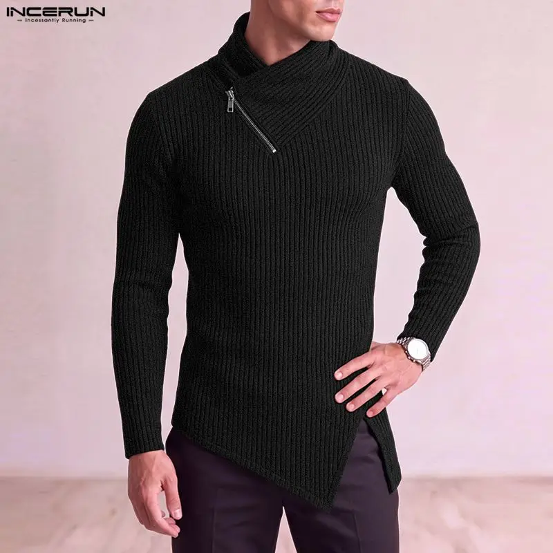 INCERUN Men's Sweaters Solid Turtleneck Long Sleeve Knitted Zipper Male Pullovers Streetwear Spring Autumn Fashion Men Clothes