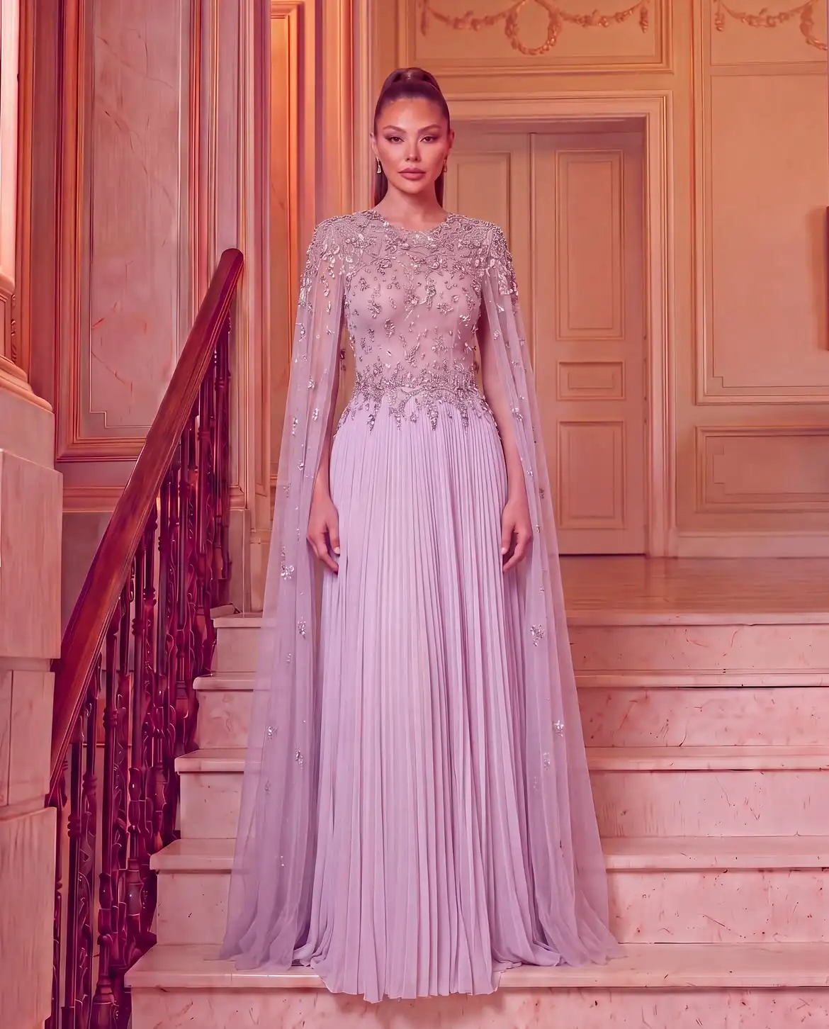 Sharon's Collection Elegant Party Dresses 2026 Lavender Cape Sleeve Prom Dresses Luxury Beaded Pleated Evening Dresses