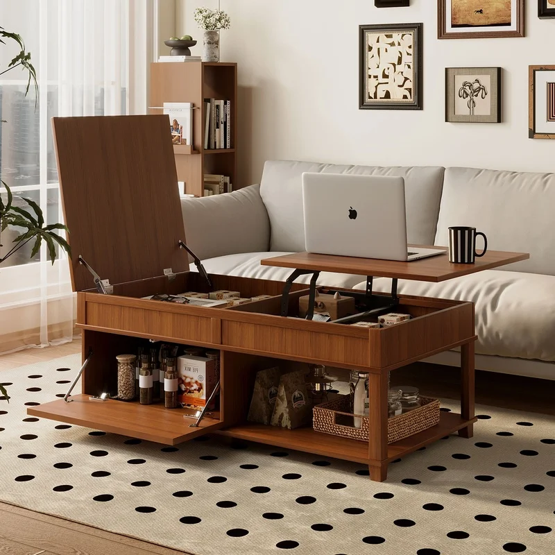 

Brown Lift-Top Coffee Table with Hidden Storage, Open Shelf, Adjustable Surface