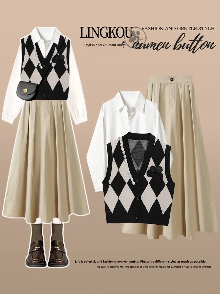 

Комплект из трех предметов: трикотажный костюм больших размеров для женщин, юбка с высокой талией, рубашка, корейский стиль, модный ансамбль