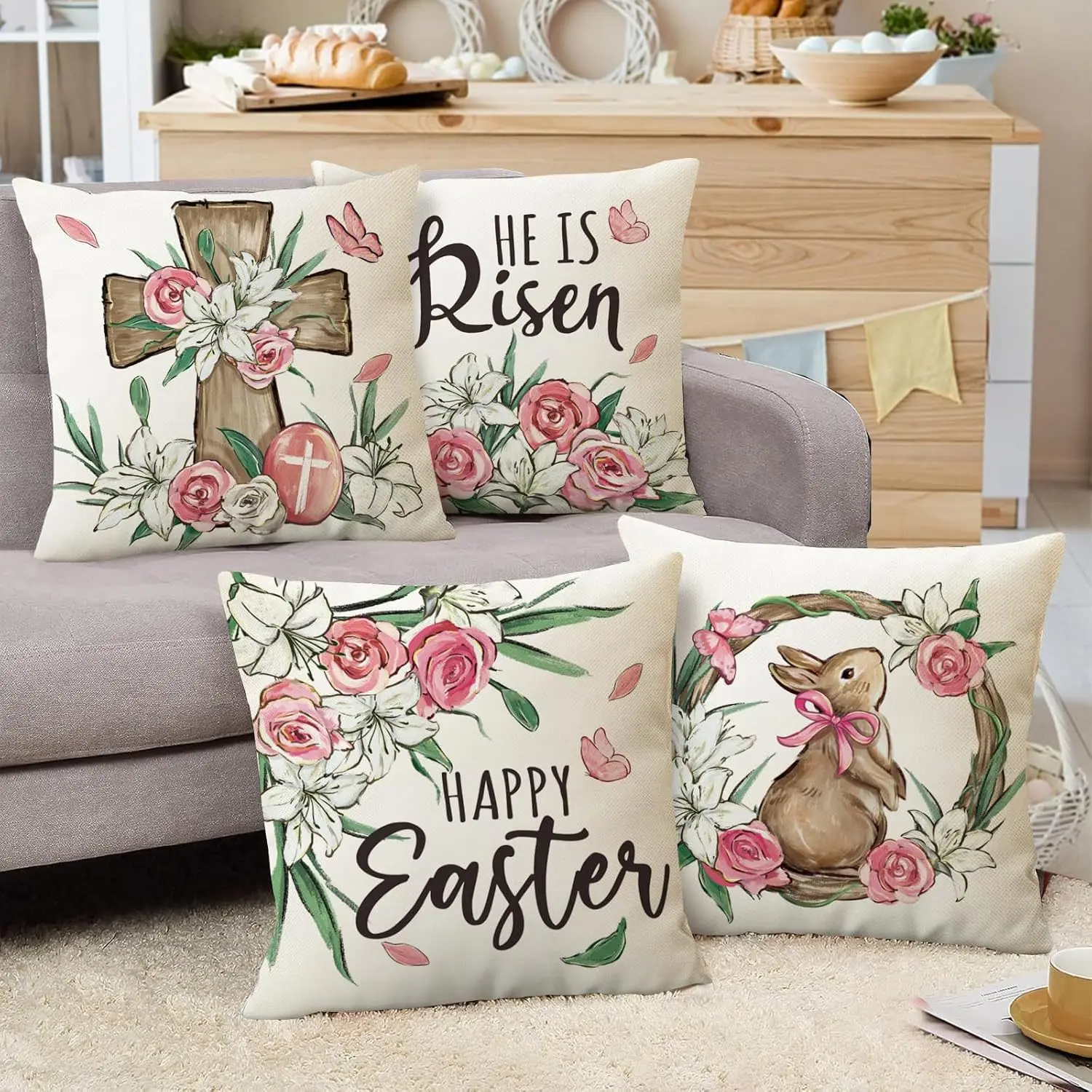 VIKAMA Easter Theme Pillow Case Floral Cross With Rabbit Print Festive Atmosphere Feeling Living Room Sofa Bedroom Pillow Case