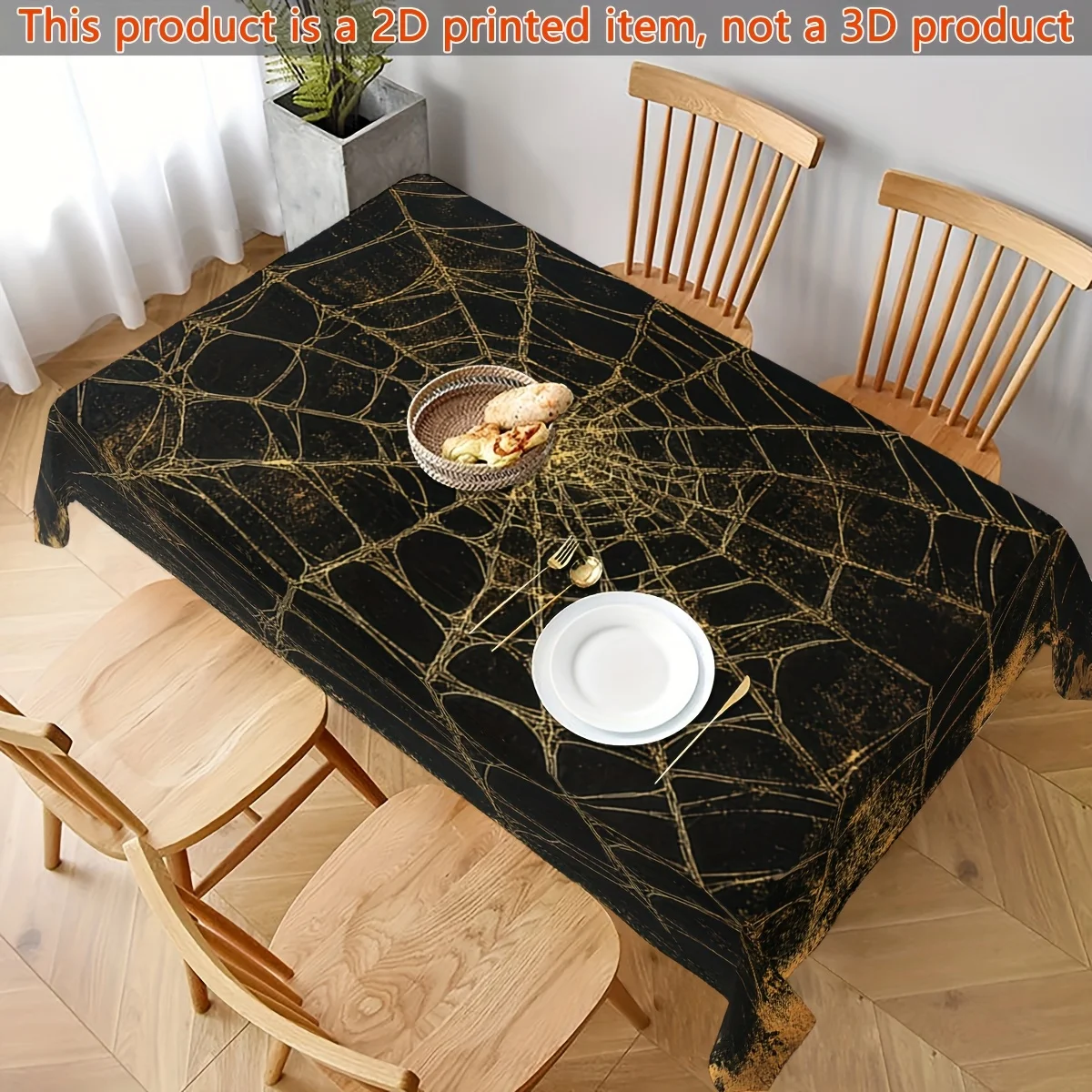 1pc Black Orb Spider Web Flat Print Tablecloth - Luxury Textured Polyester Rectangular Table Coverzyc