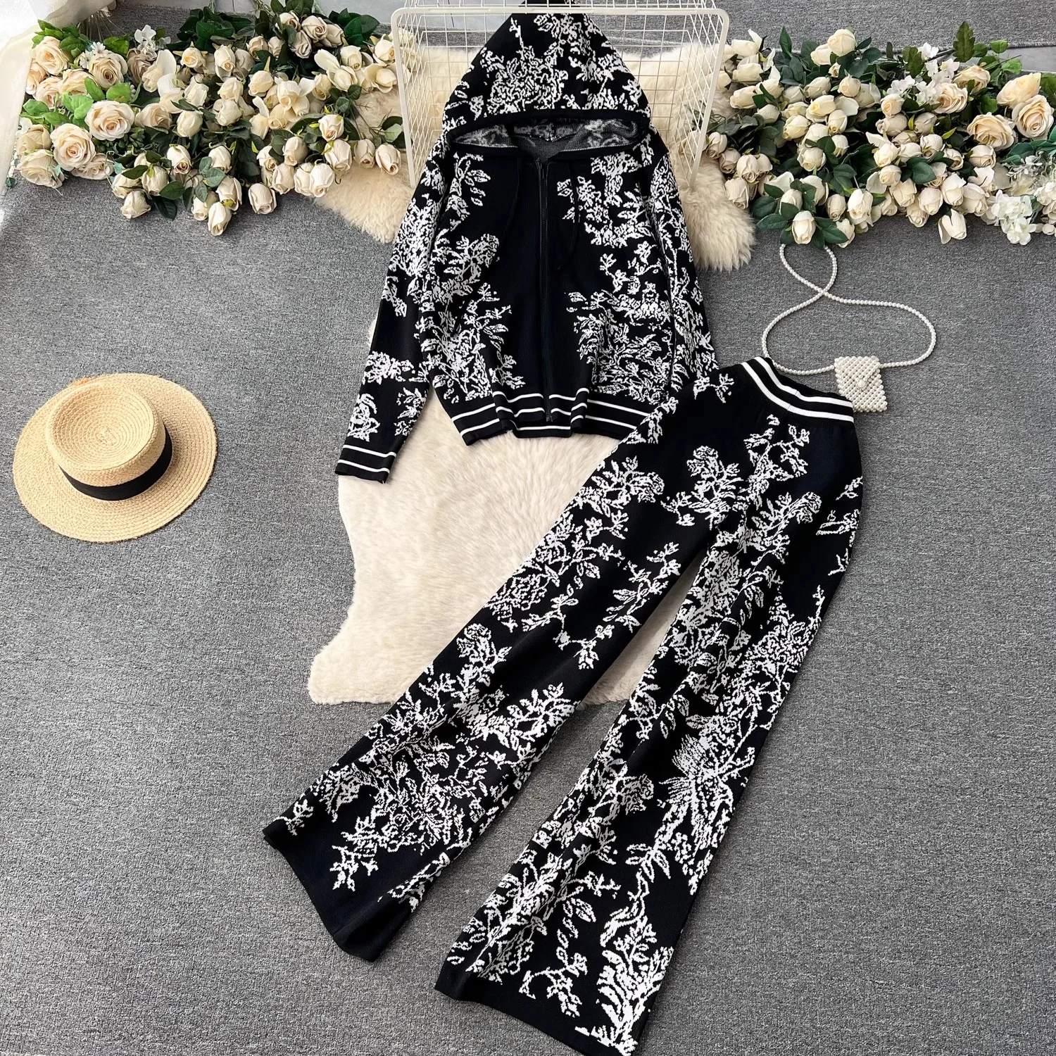 Fashion Floral Print Knitted Two Piece Set Women Autumn Winter Long Sleeve Hooded Cardigan + Pants Suit Outfits