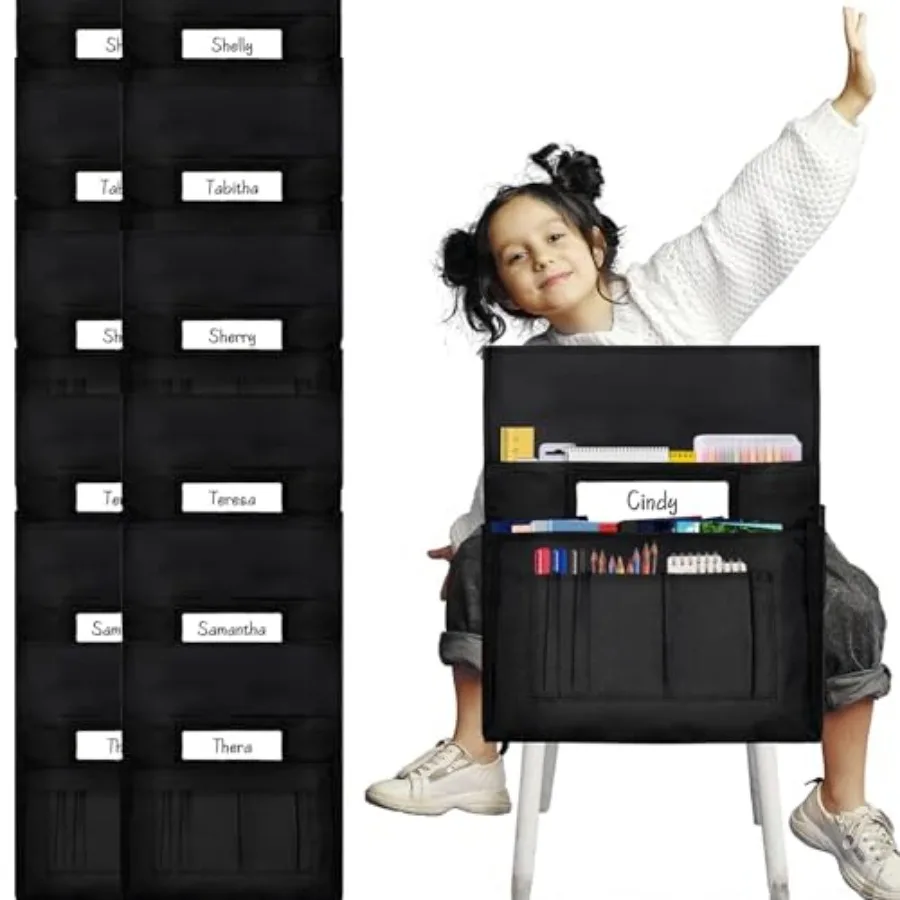 

12 шт. карманов для стульев в классную комнату, 18,5 x 15,3 дюйма, черные карманы для стульев, сумки для сидений в классную комнату, карманы-органайзеры для стульев.