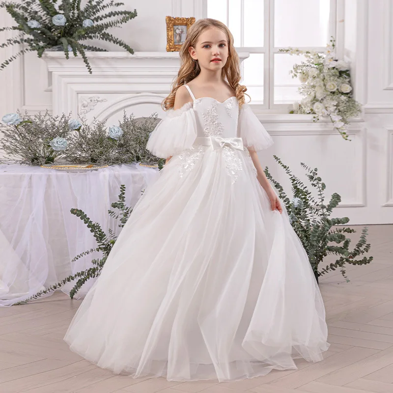 

Teen Girl Baptismal White Dress Gown Elegant Puffy Dress For Girls Princess Wedding Dress Children's First Communion Costume
