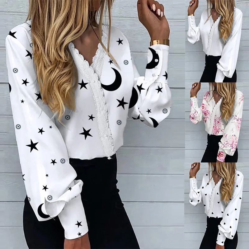 Women Sweet Love Heart Painting Print Long Sleeve White Shirt Fashion Sexy Lace V-Neck Blouse Chic Top Blusa Femininas Elegantes