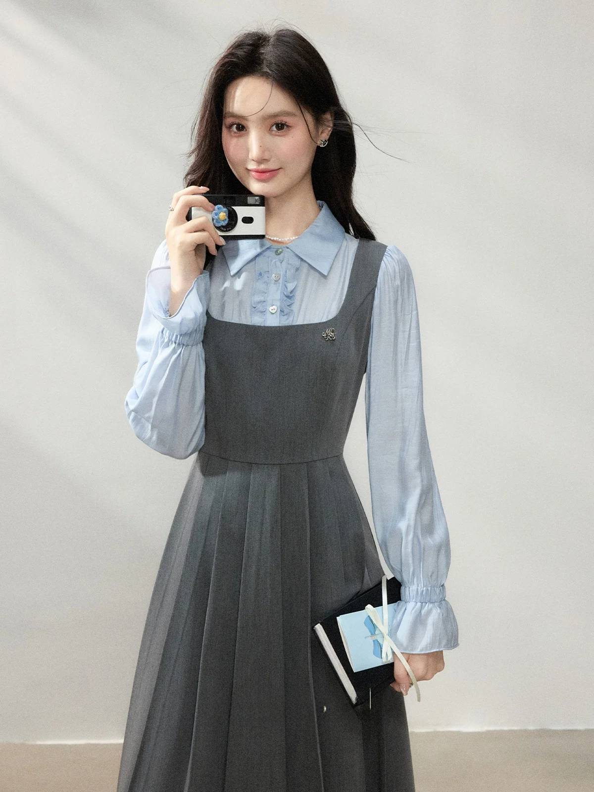 

ay A-Line Long Skirt Dr Women's Spring 2026 Waist-Cinching Pleated Fake Two-Piece College Sle Ci Commute Suitable