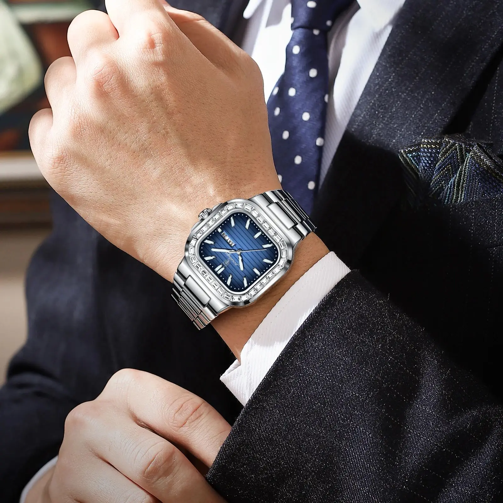 Poedagar moda quadrado relógio masculino data semana à prova dwaterproof água luminosa homem relógio de luxo quartzo aço inoxidável relógios esportivos para homem