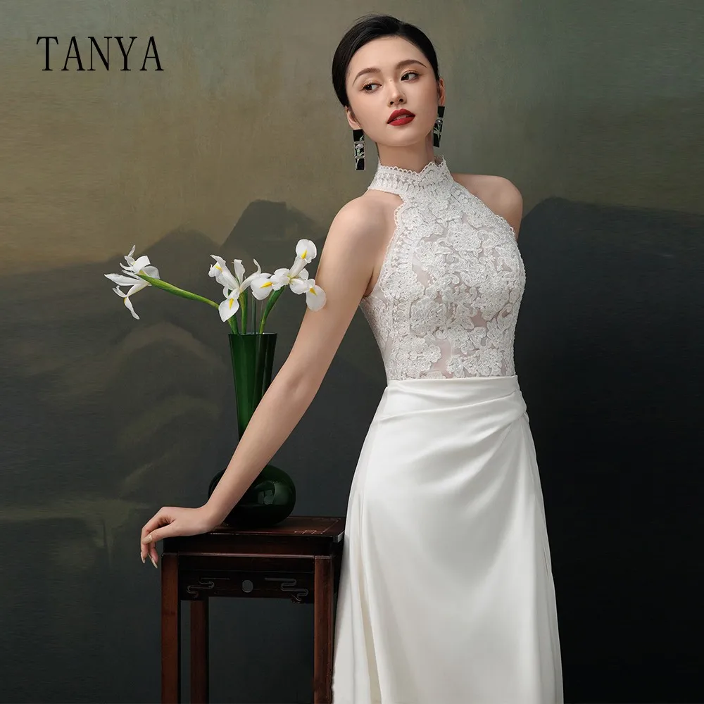 Gaun pernikahan Satin elegan dengan renda untuk wanita leher O tanpa lengan gaun pengantin klasik model A Line khusus TSWD203