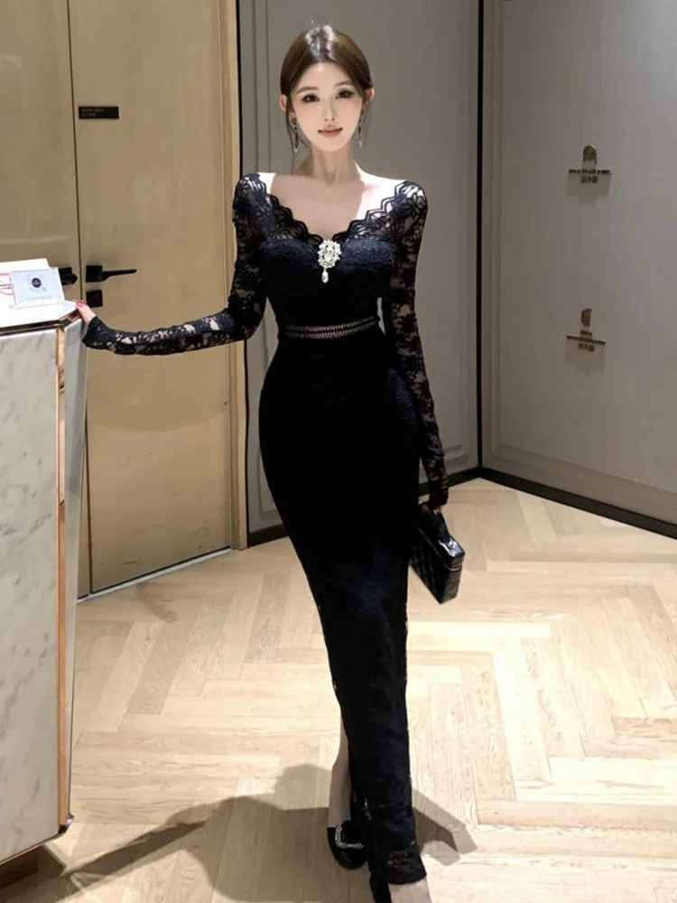 Moda abito di pizzo nero formale festa backless sottile maxi abito lungo donna sexy scollo a V manica lunga aderente abito da ballo abiti da donna