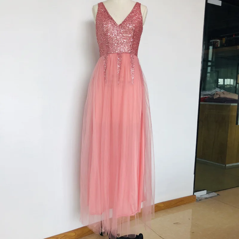 2024 nuevo Sexy Deep V Ne Splice Dr tela de poliéster cintura media una línea falda No Sve boda Dr vestido de noche