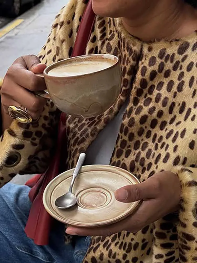 

Elegant O-neck Button Hight Street Outercoats Vintage Leopard Print Short Cardigan 2025 Women's Casual Long Sleeve Warm Jackets