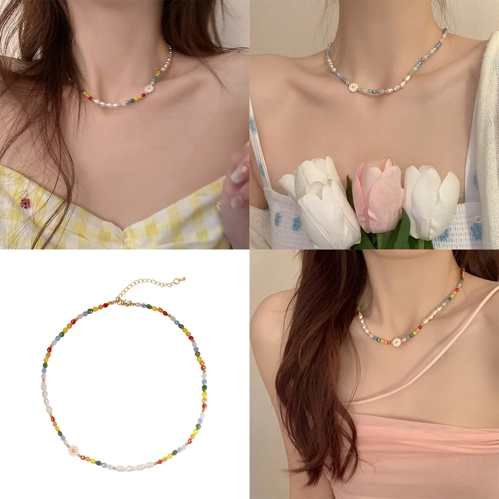 

Pearl Flower Necklace Dopamine Daisy Color Pearl Choker Chain Sweet Y2K Beaded Temperament New Trend Jewelry For Women Girl Gift