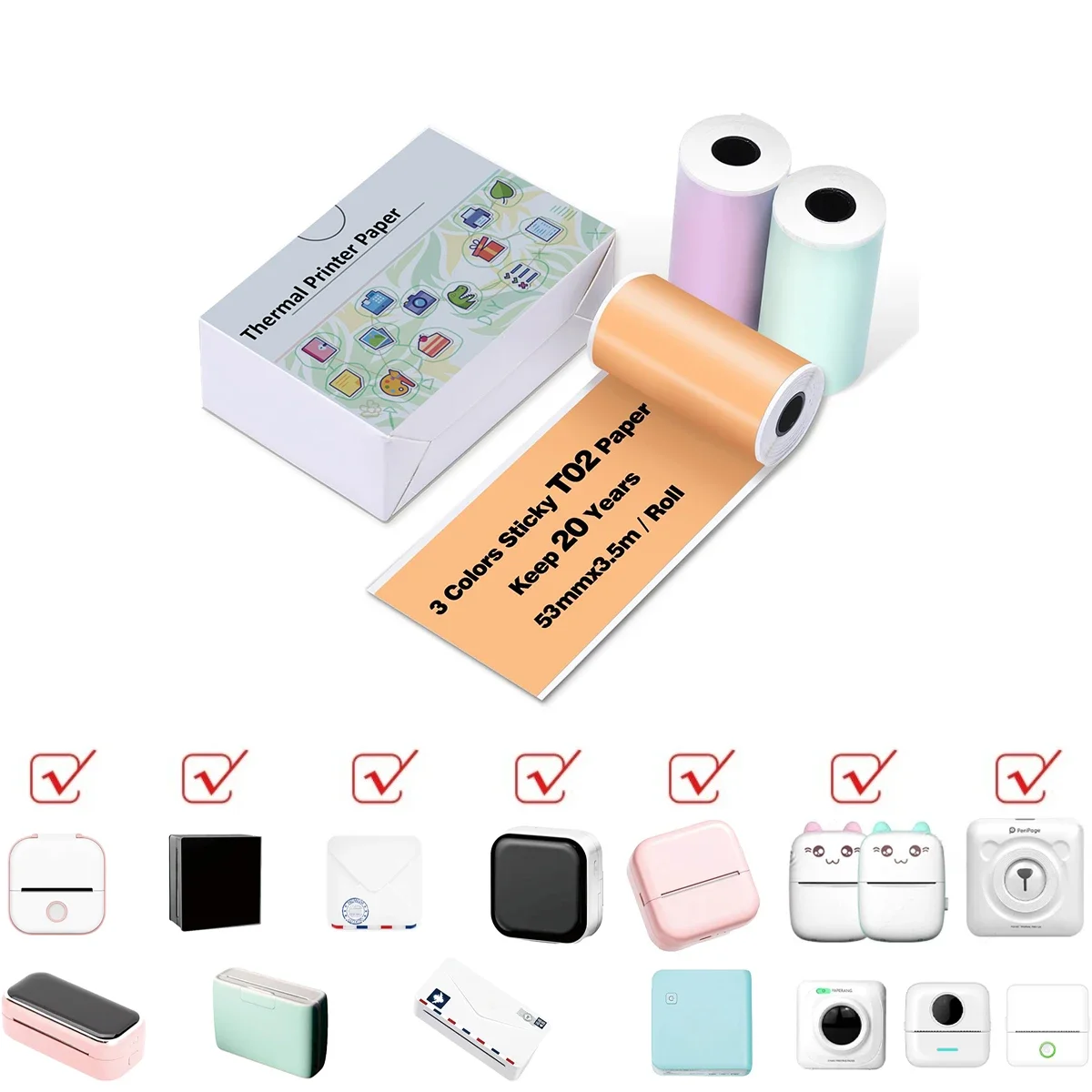 M02/T02 Printer Paper Roll Sticker Color Thermal Paper Waterproof,Oil-proof Friction-resistant, For Mini Instant Camera For M02