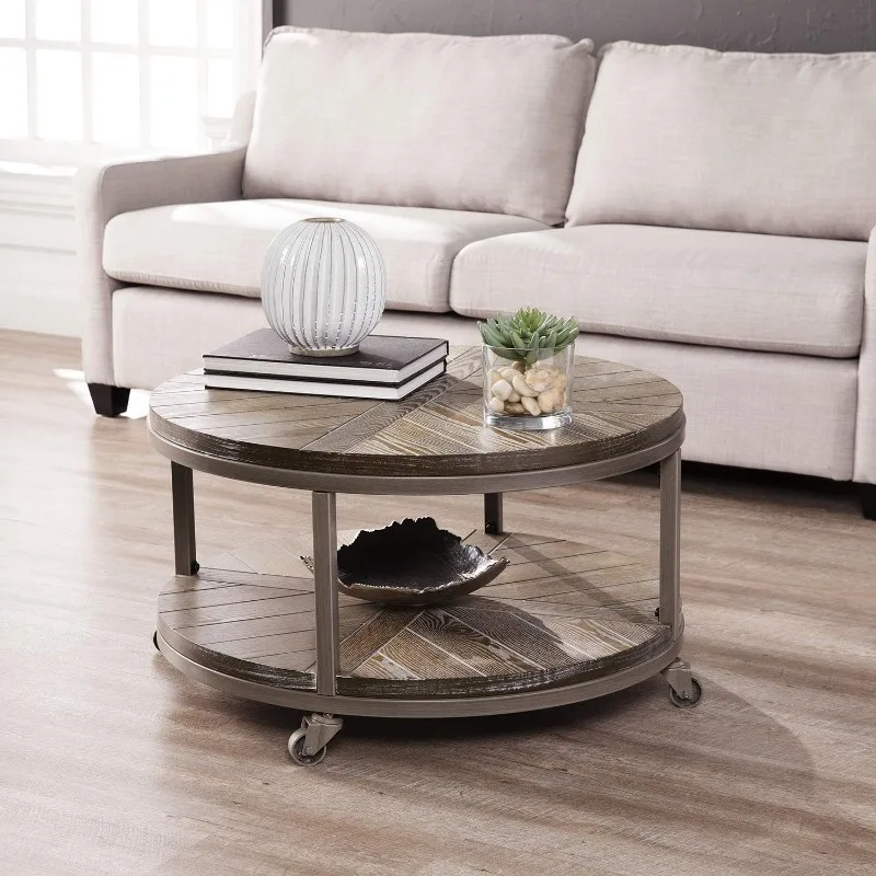 Urban Industrial Round Coffee Table, Goes Anywhere Round Coffee Table W/ Display Shelf with Wheels for Easy Mobility