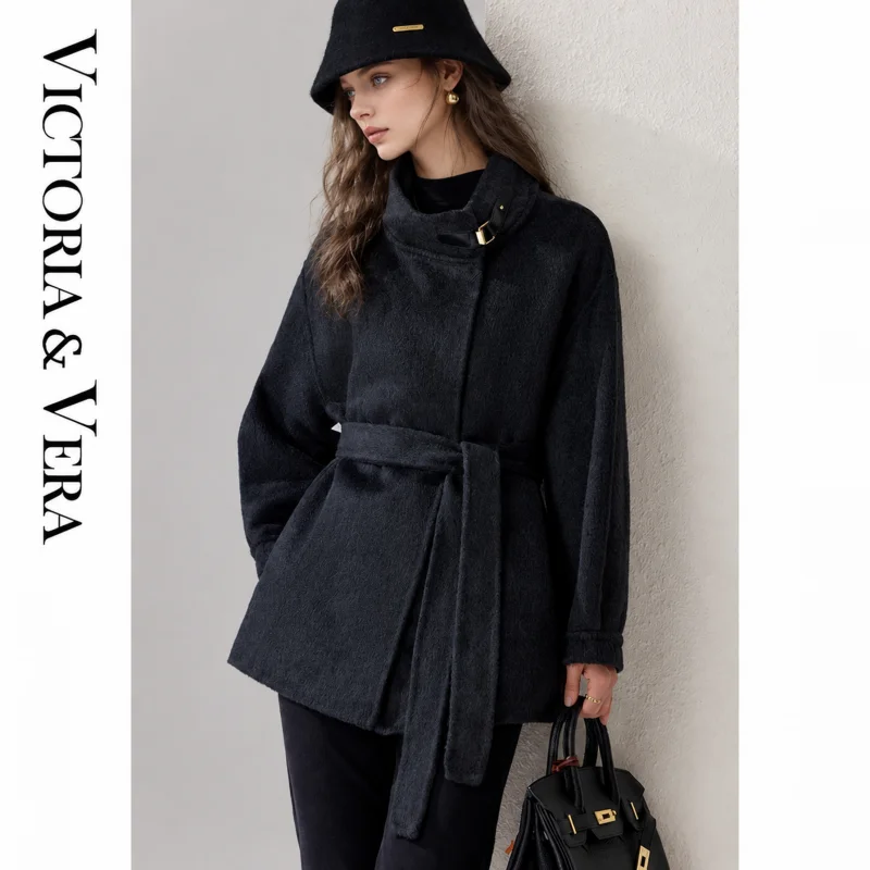 Women's Asymmetric Lapel Mid Coat, Metal Buckle Decor Oversized Loose Fit Winter Jacket