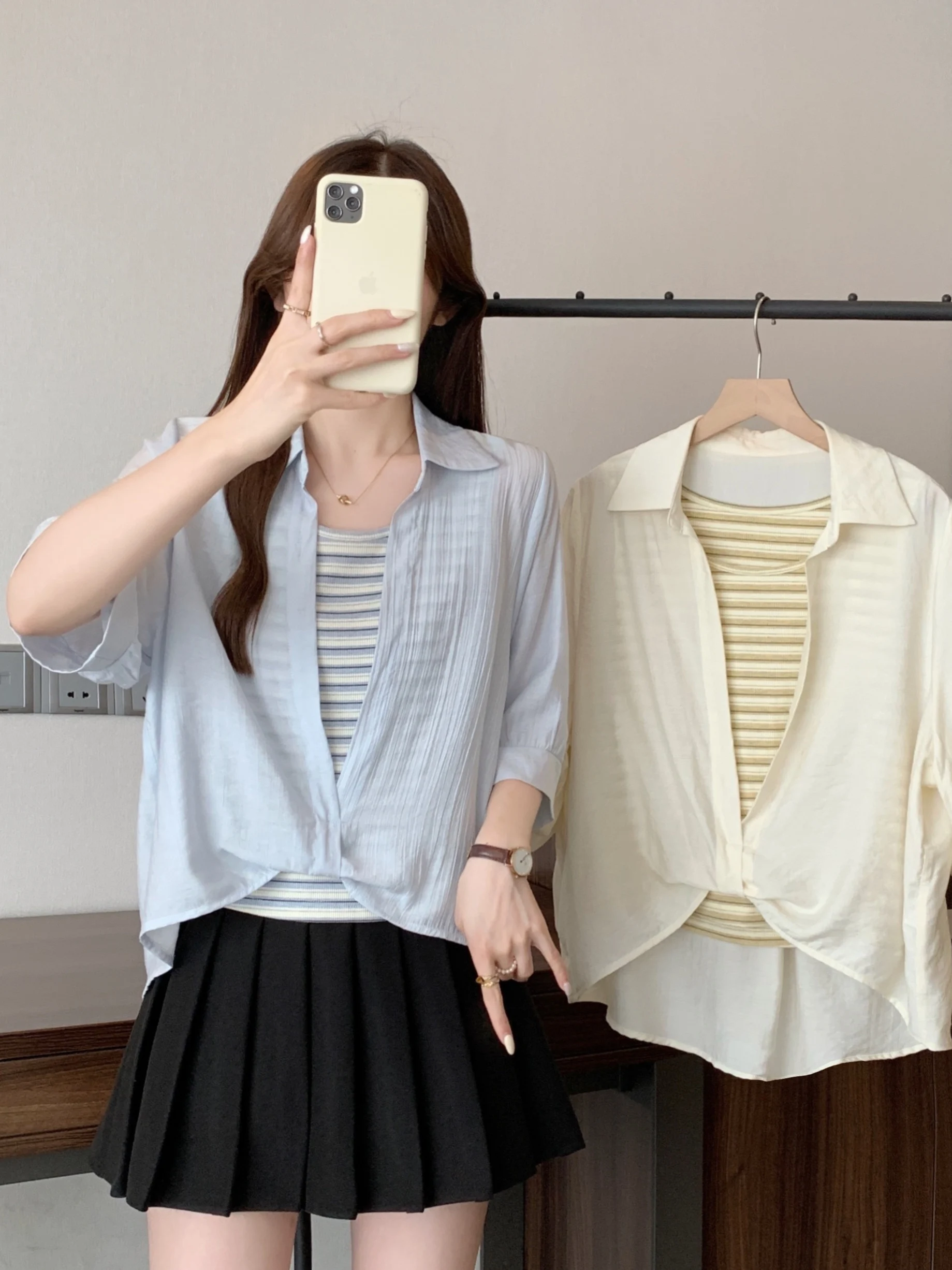 

Summer 2026 plus Size Casual Shirt Vest Knot Fake Two-Piece Commute Top Trendy Loose Fit Korean Style Short Sleeve round Neck
