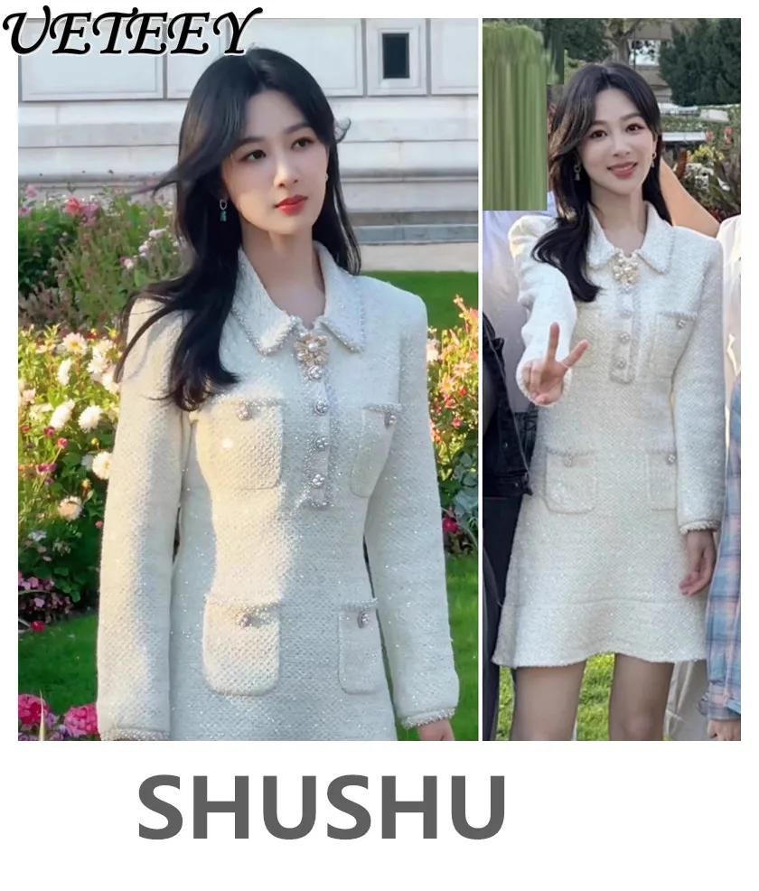 2024 Autumn Winter Celebrity French Gentle Sweet Slim Woolen Dress Women Niche Design Fashion Sequined Lapel Long Sleeve Dress image 3