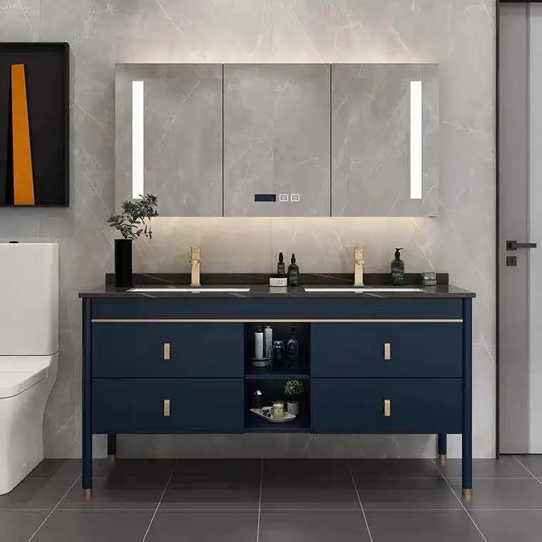 

bathroom cabinet combination, solid wood bathroom cabinet, rock slab washbasin, floor-to-ceiling hand wash basin