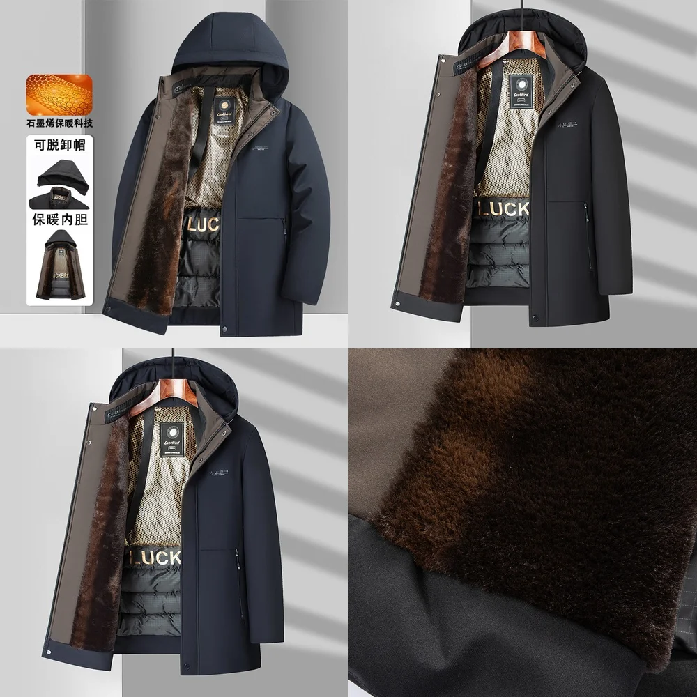 

Windbreaker Jacket Men's Long Windbreaker Coat Detachable Hood Warm Fleece Thickened Large Size Winter Jacket for Dad
