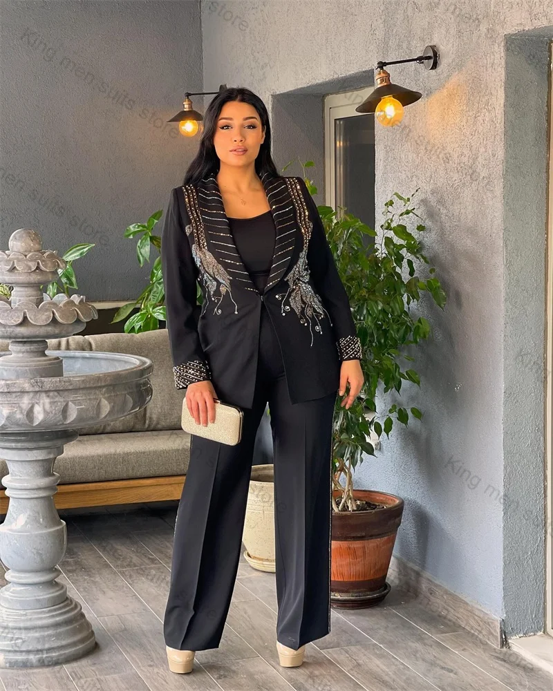 

Black Crystals 2 Piece Women Suit Pants Set Blazer+Trousers Custom Size Formal Office Lady Wedding Tuxedos Jacket Prom Coat