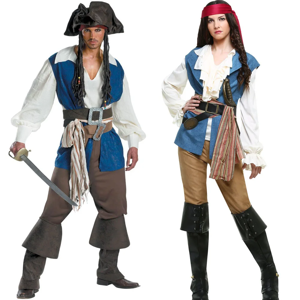 

Caribbean Pirate Cosplay Costume Women Top Pants Belt Accessories Full Set Men Pirate Captain Role Play Suit Halloween Party