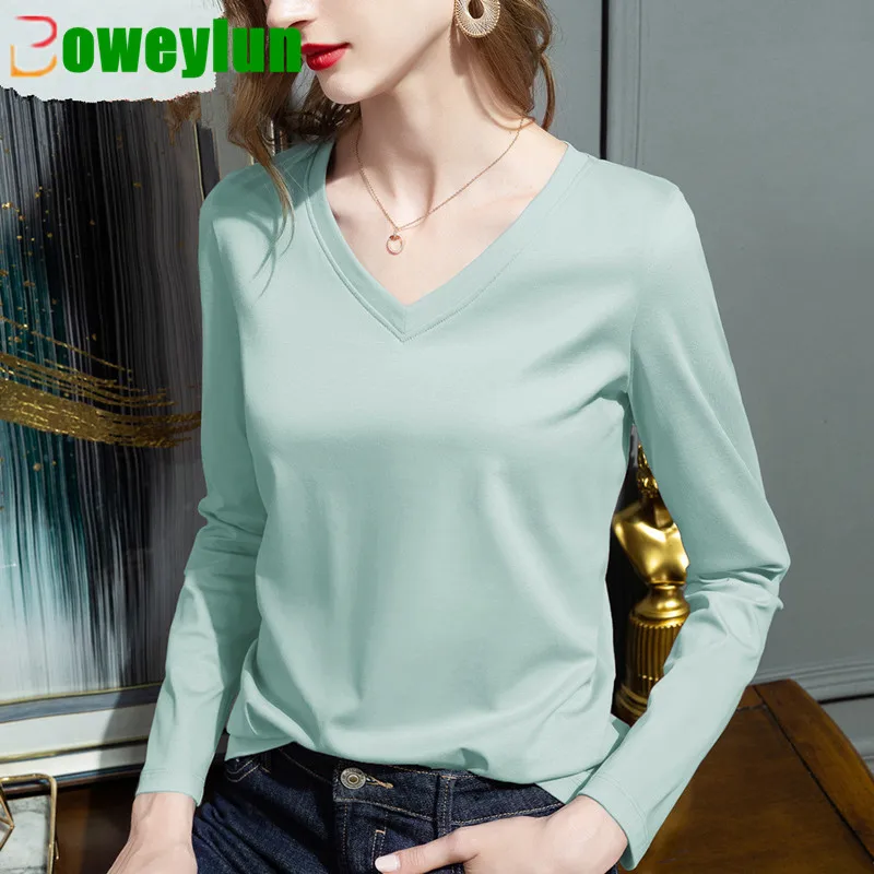 Boweylun New Women Double-sided Mercerized Cotton Long-sleeved T-shirt Spring Skin-friendly Breathable Solid V-Neck Slim Top