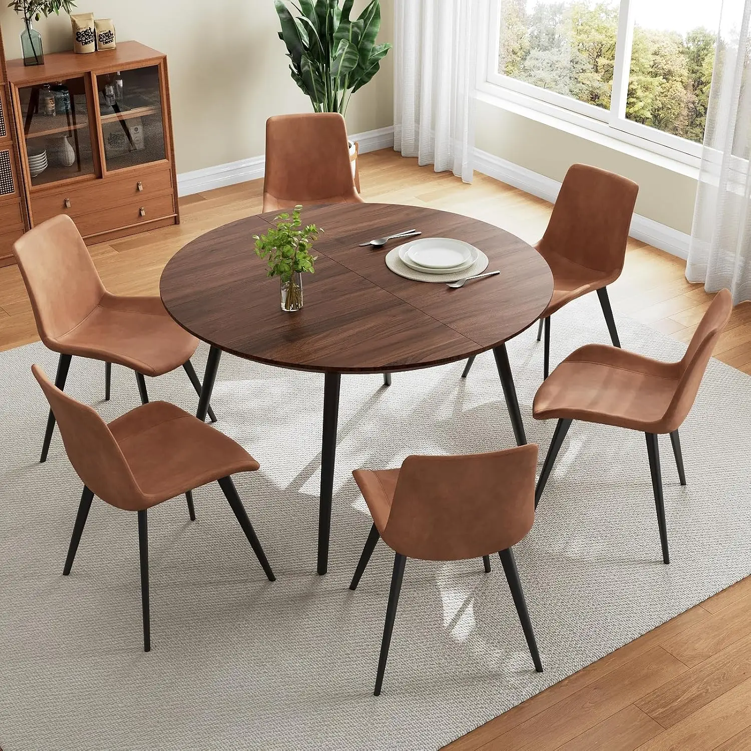 Extendable Round Dining Table Set Mid Century Modern Wooden Leisure Table w/ 6 PU Leather Chairs 43.3