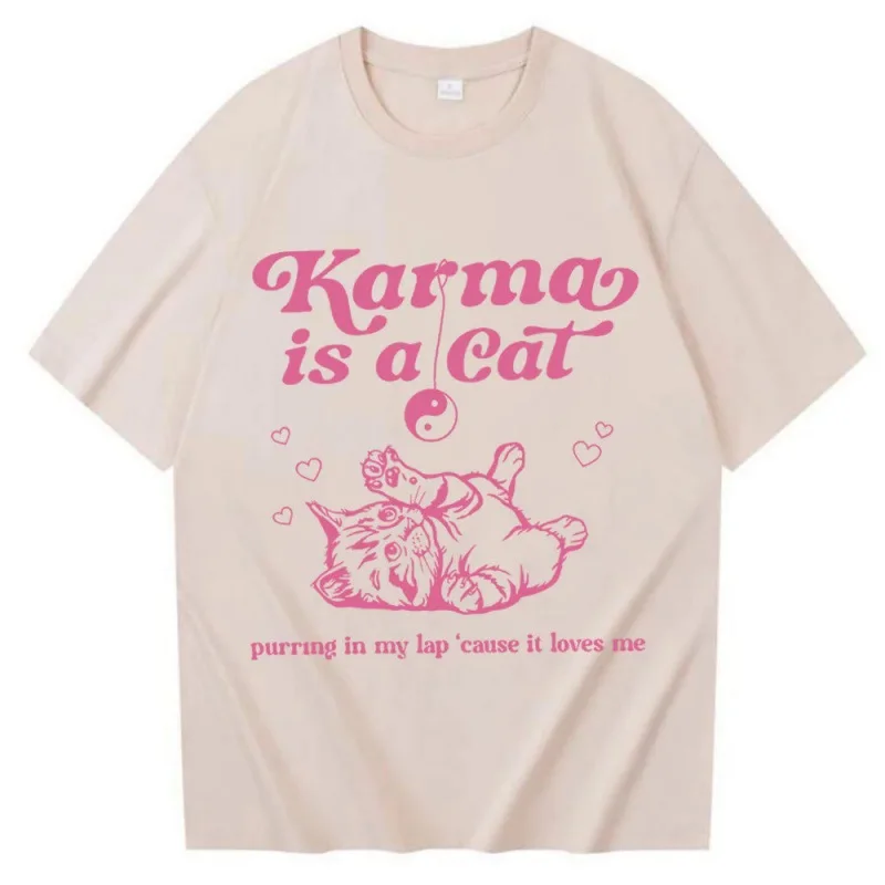 Karma Is A Cat 2024 Taylor Midnights Album men's Tshirt Short Tee Shirt Tops Camisetas Unisex Vintage Lazy High Quality Tee