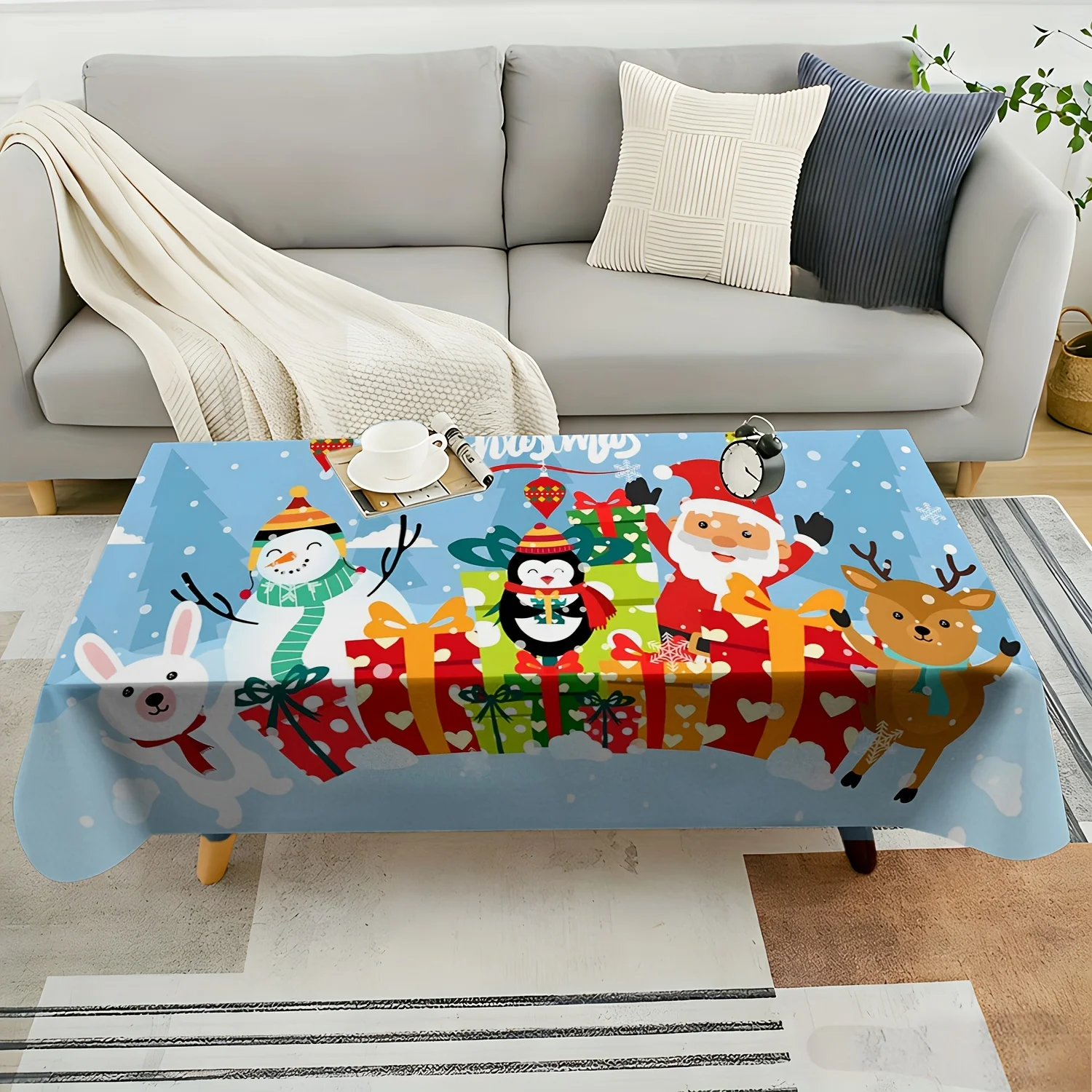 Santa Snowman Animal Xmas Tablecloth, Soft Rectangular Washable Table Cover for Daily Dining & Family Holiday Gathering Decor