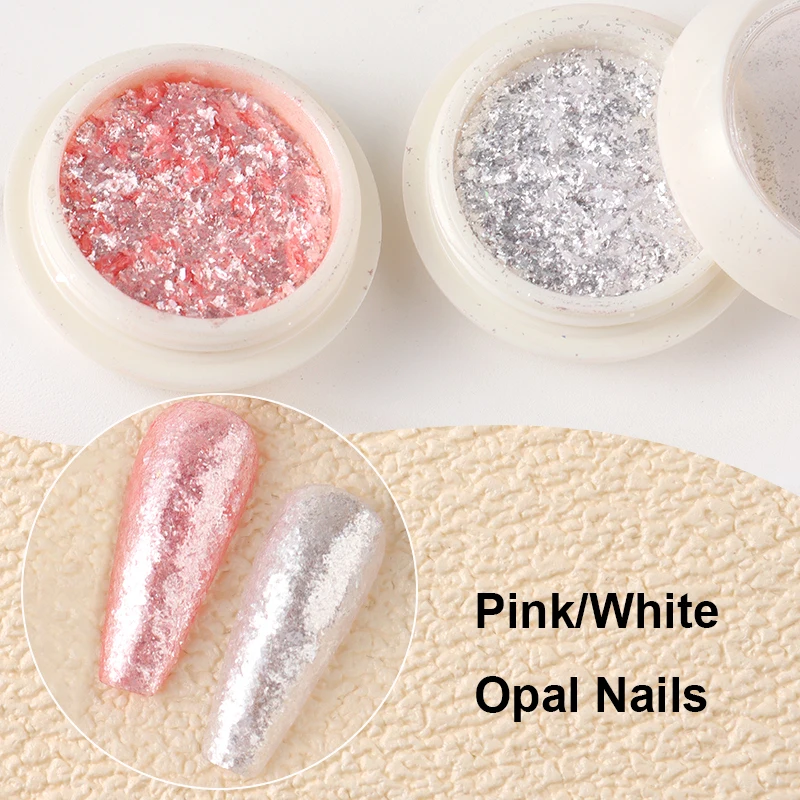 2 Box Pink White Crystal Opal Nail Powder Flakes Sparkling Ultra Thin Foils Iridescent Mermaid Chrome Mica Glitter Nail Decor