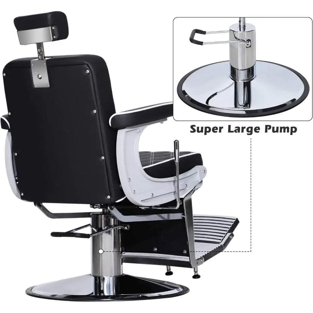 Heavy Duty Metal Vintage Barber Chair, Universal Hydraulic Reclining Salon Beauty Spa Shampoo Equipment (with White Stitches)