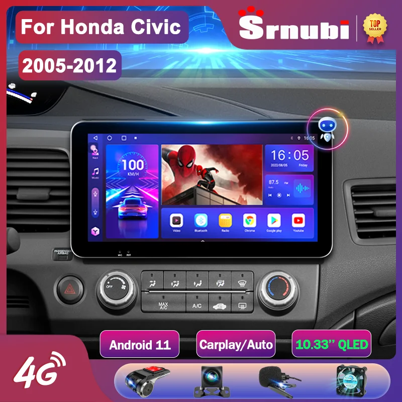 

Srnubi Newest 10.33'' Android 11.0 Car Radio for Honda Civic 2005-2012 Multimedia Player 2Din 4G GPS WIFI Carplay QLED Head Unit