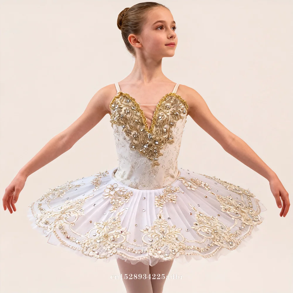 

White Gold Fairy Doll Professional Pancake Tutu Jagged Platter Performance Tutus for Women Classical Ballet Costume