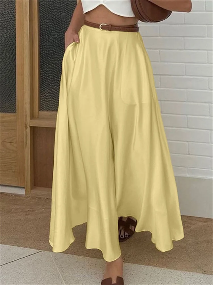 

Satin Casual High Waist Long Skirt For Women Commute Pocket Loose Summer Patchwork Zipper Maxi Skirt Female Clothes