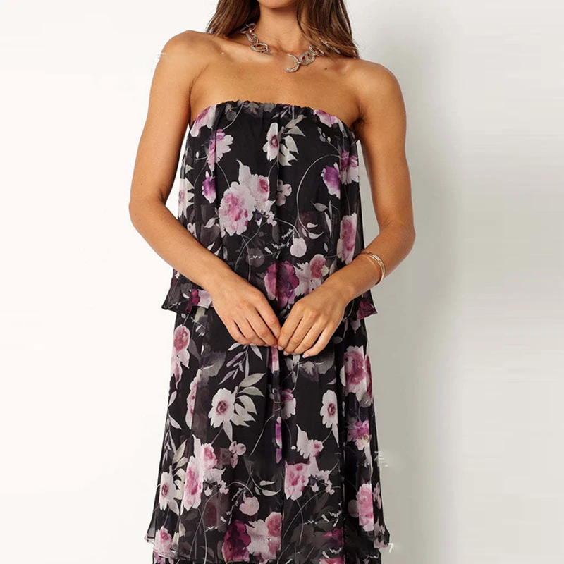 Sexy peito envolvendo vestido de banquete verão novo fora do ombro sem mangas em camadas vestido moda floral impresso babados vestido de noite