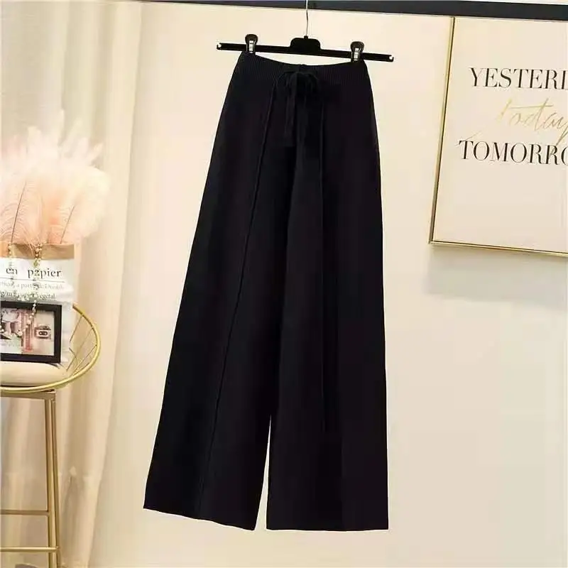 soft Knitted pants women spring and autumn high waist elastic drape drawstring loose casual mopping pants straight wide leg pant