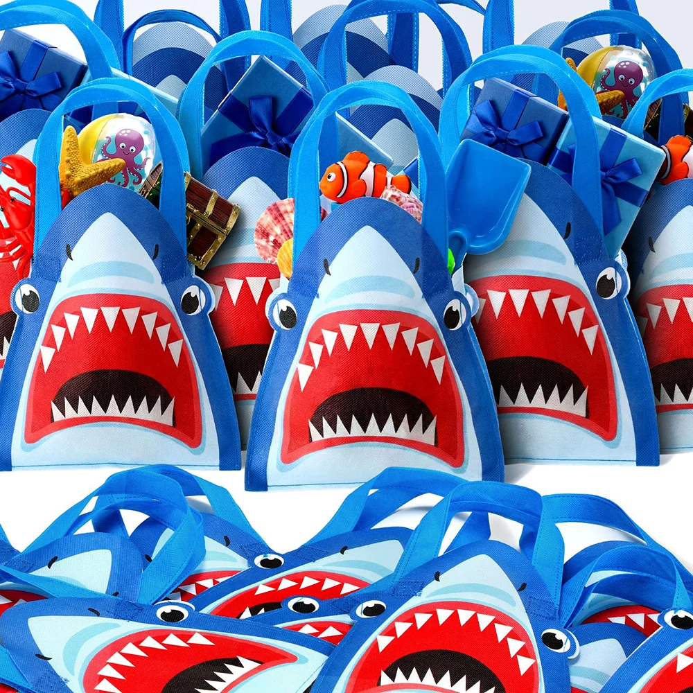 5 Pcs Shark Non-woven Bag Reusable Shark Shaped with Handles Tote Treat Goodie Candy Gift Bag Sea Theme Birthday Party Supplies view 6