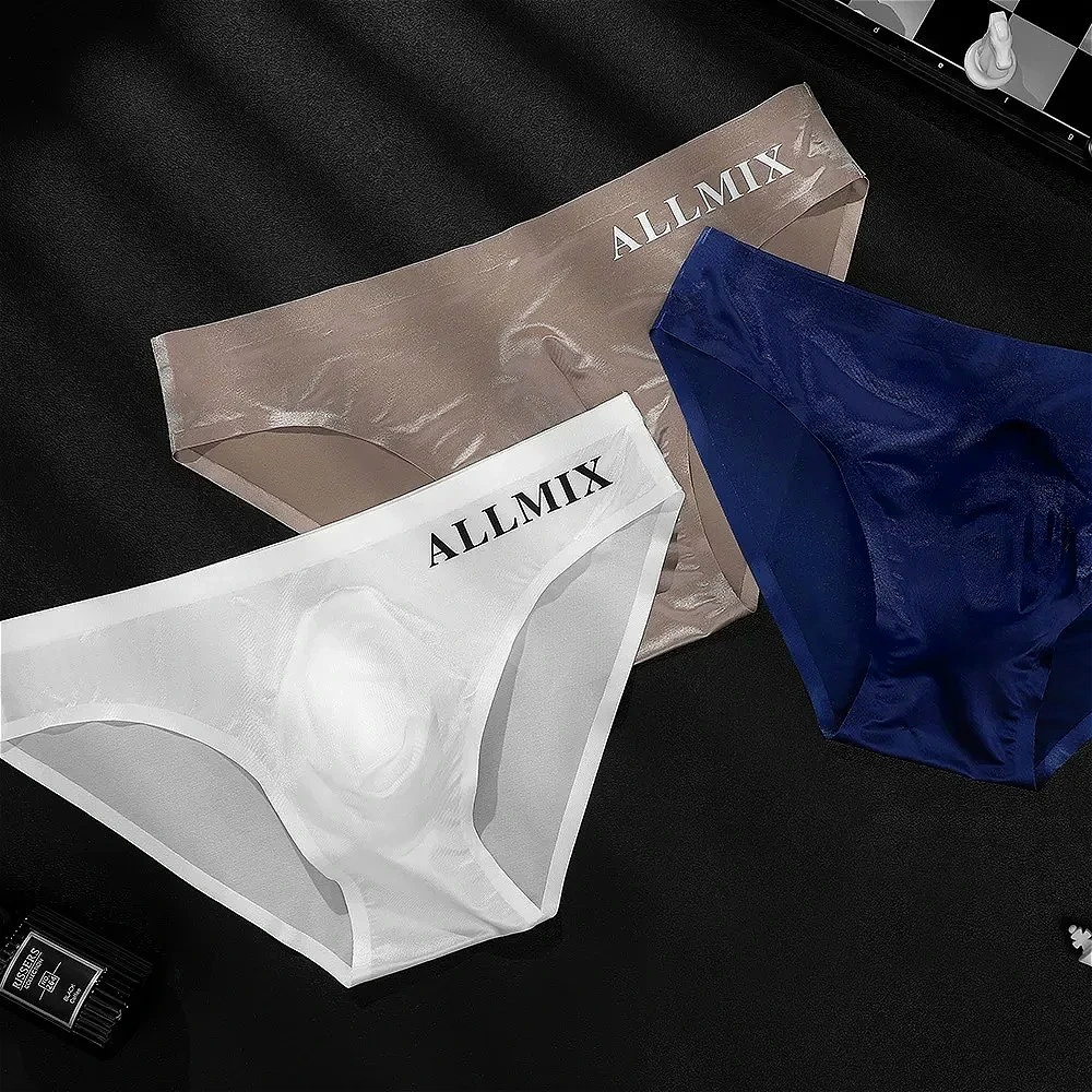 

Mens Sexy Underwear Ice Silk Comfort Man Briefs Breathable Silky Male Swimsuit Convex Pouch Panties Lightweight Low Rise Трусики