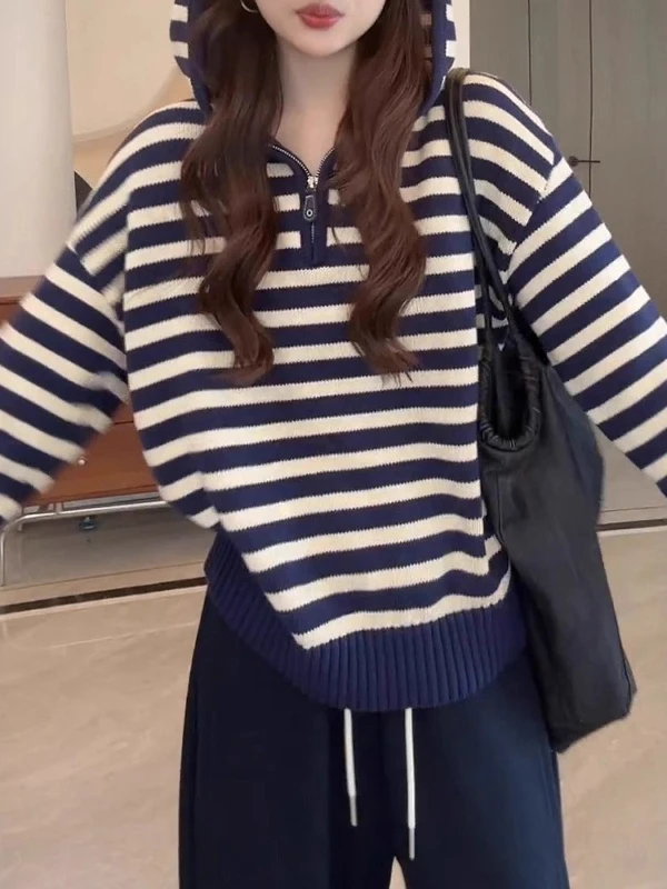 

Women's Plus Size Knitted Long Sve Hoodie Striped Casual Sle Mid-thiened Autumn Winter Warm Slimming Top