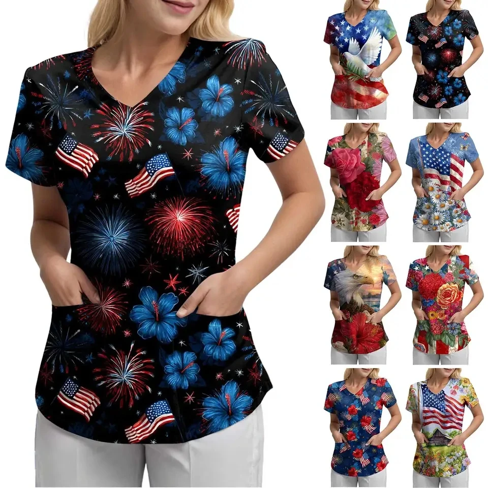 

USA 250th Anniversary 3D Print Women T-Shirt Nursing Uniform V-Neck Short Sleeve T Shirts With Pocket Independence Day Workwear