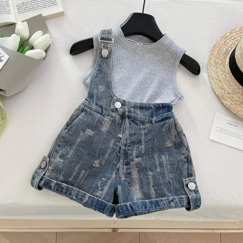 

2025New Girls' Summer Suits Baby Girl Sling Top Summer Clothes Children Denim Suit17181
