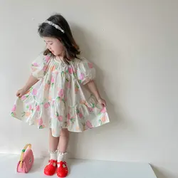 Summer Baby and Girls A-Line Pleated Puff Short-Sleeved Pineapple Printed Princess Dresses Kids Sweet Skirt Child Outfits 2-8 Yr